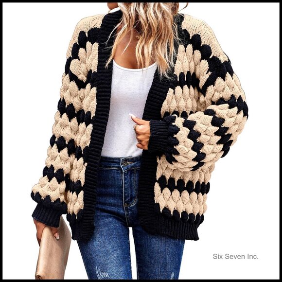 Sweaters - Chunky Cable Knit Cardigan Oversized Lantern Sleeve Open Front Cozy Winter